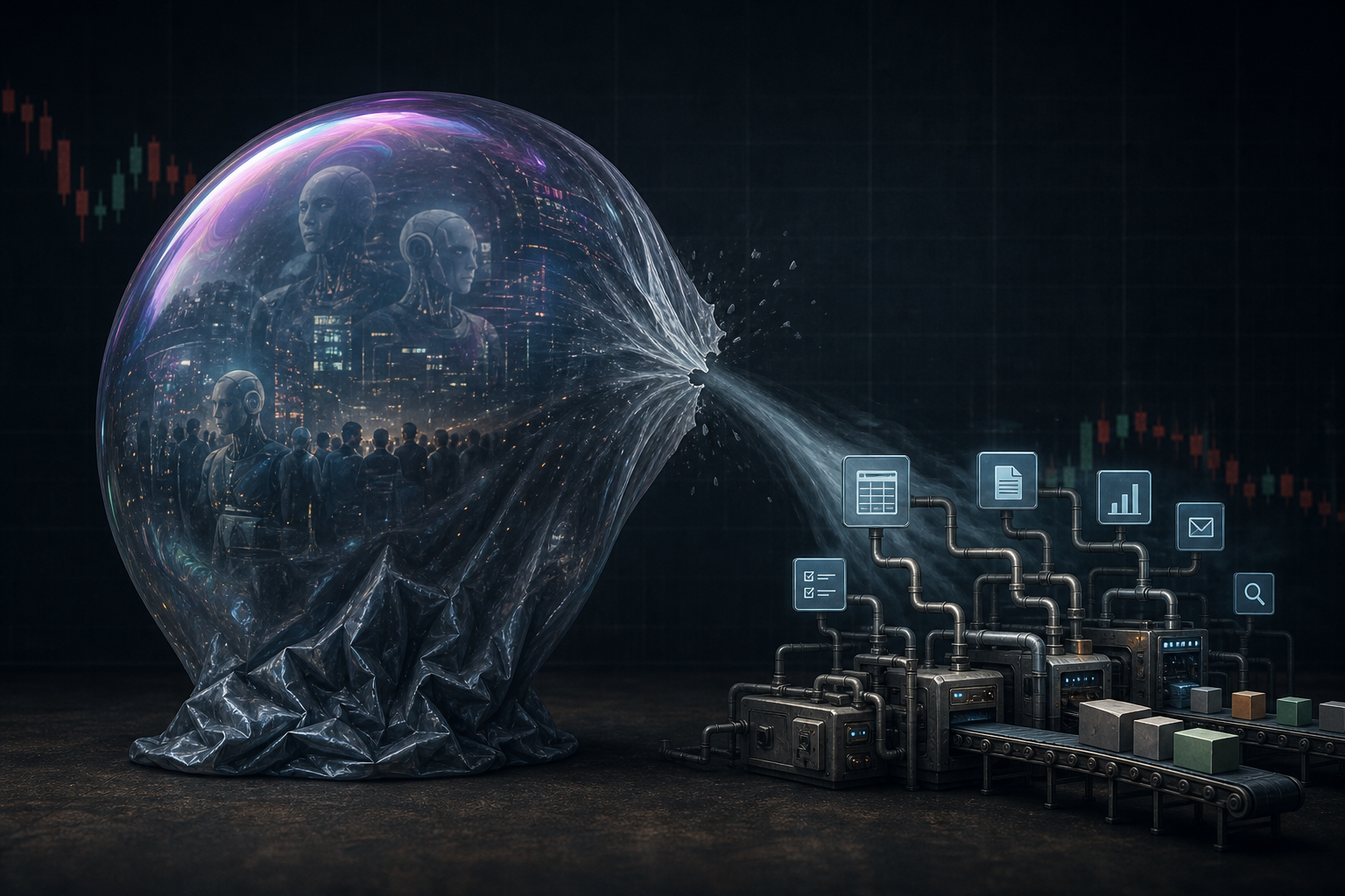 Editorial technology illustration for the article: The AI Bubble Deflating Might Be Good News